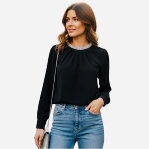 Lulumari long-sleeved beaded collar top in black Size small Women's Top